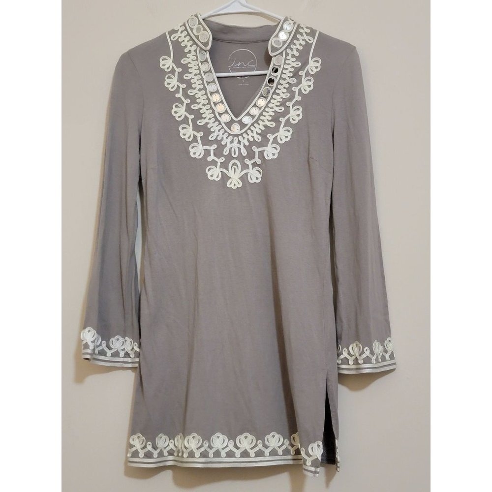 INC International Concepts Grey Soutache Embroidered‎ Mirror Tunic Top Small